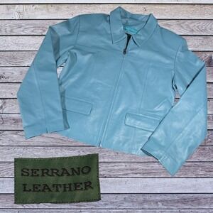 Serrano Women's Genuine Leather Bomber Style Jacket Zip Turquoise Aqua Blue L